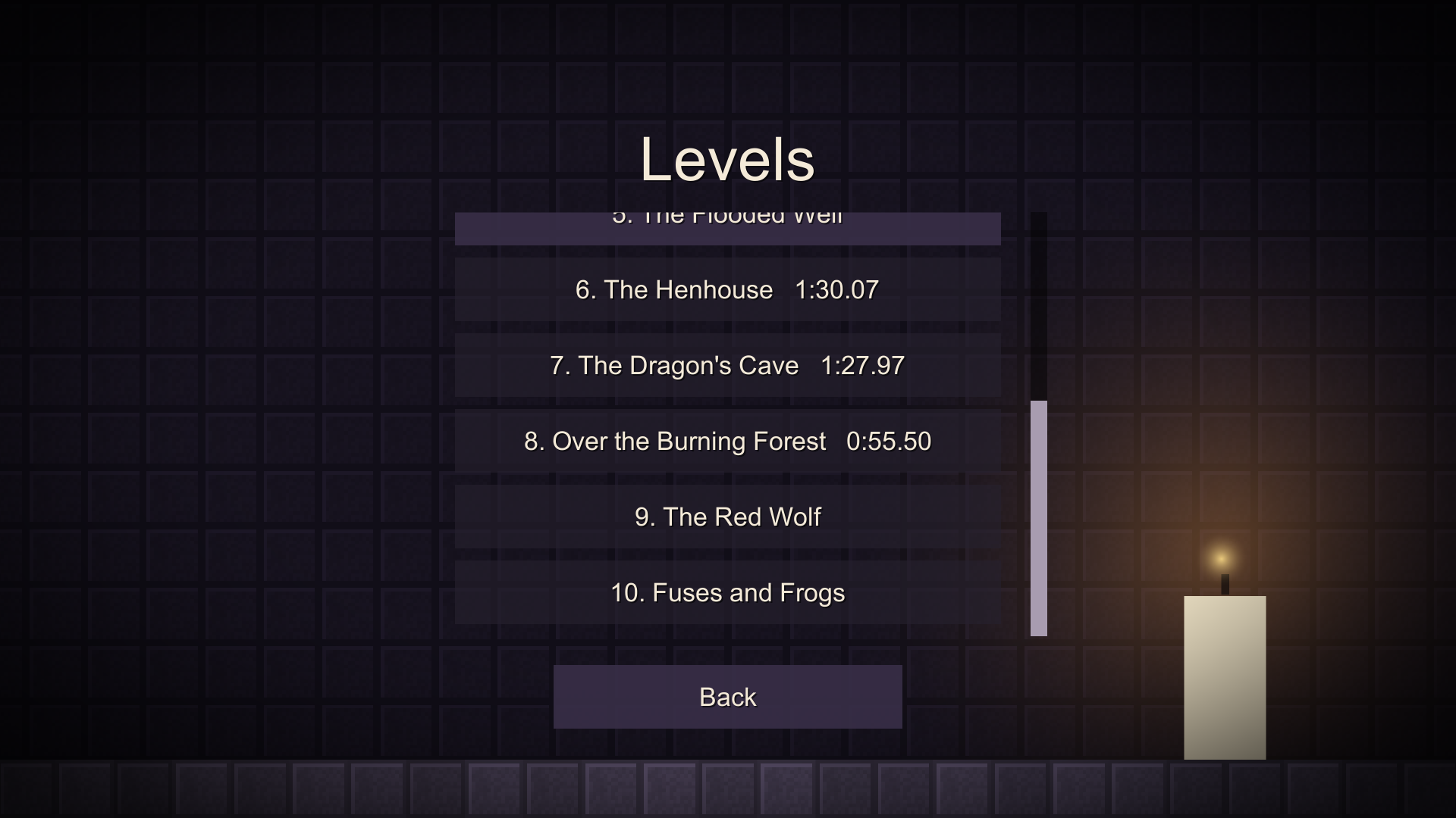 The level select scrolled down to the last levels, with the Back button still on screen